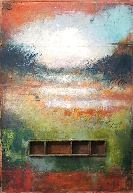 Oil on panel with antique wooden box Vanishing Landscapes 10_60x 42 inches by painter Jessie Pollock Sept 2019