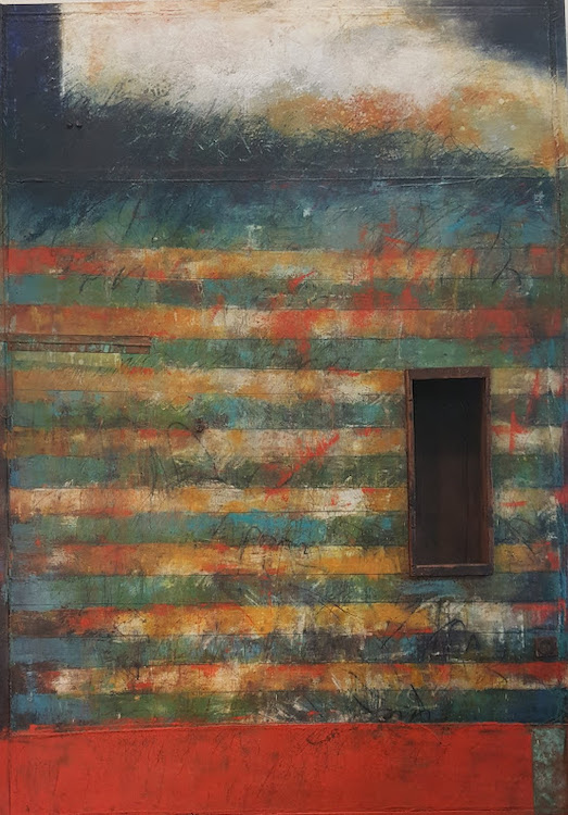 Oils on panel with antique metal box Vanishing Landscapes X_60 x 42 inches by painter Jessie Pollock Sept 2019