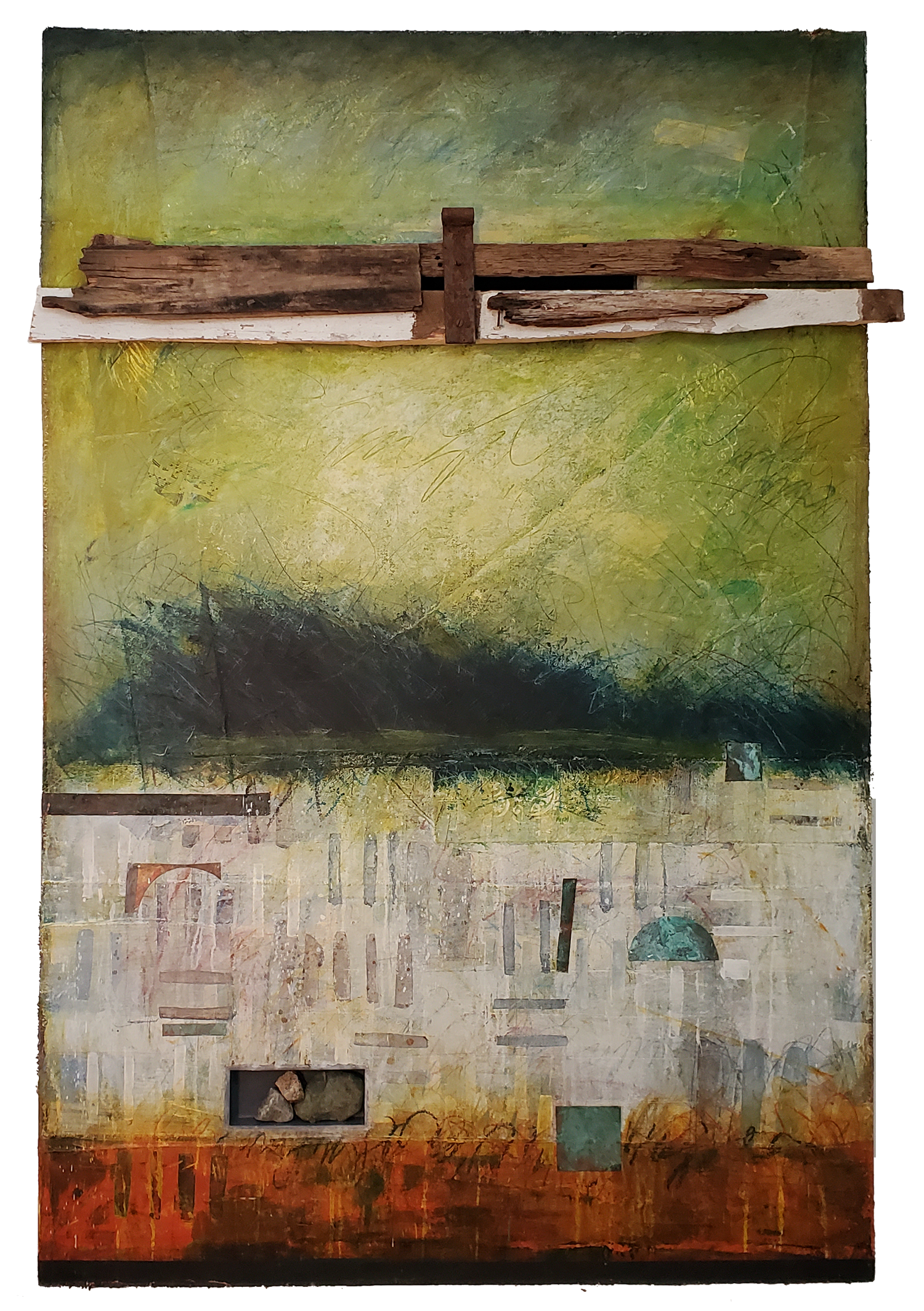 Vanishing Landscape Green with 3 stones, 60x42 inches, oil on panel with wood beam, by Jessie Pollock©2021